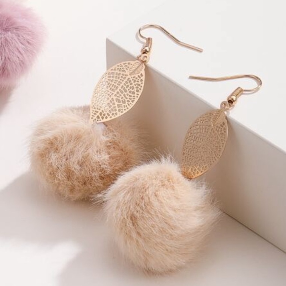 Chic Neutral Pair of Pom Pom Fluffy Earrings